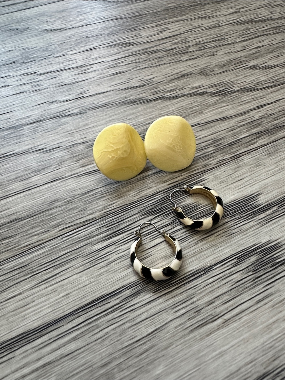 Vintage Yellow Disc Stud Earrings and Black-White Hoop Pair - Dual Pack